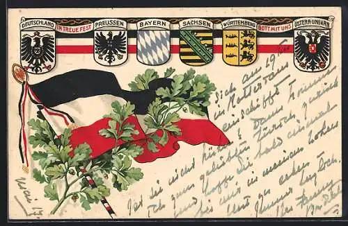 AK Deutsche Reichsflagge mit Eichenlaub, Wappen von Preussen, Bayern, Sachsen, Württemberg, Österreich