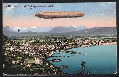 AK Bregenz, Ansicht mit Graf Zeppelin`s Luftschiff