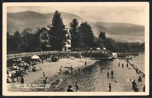 AK Seeboden am Millstättersee, Strandbad mit Badgästen, Cafe Ertl mit Terrasse