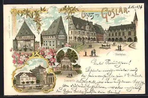 Lithographie Goslar, Paul`s Hotel, Brusttuch, Altdeutsches Gildehaus