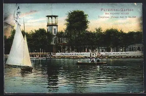 AK Berlin-Treptow, Paradies-Garten, Blick vom Wasser auf Boote und Ufer