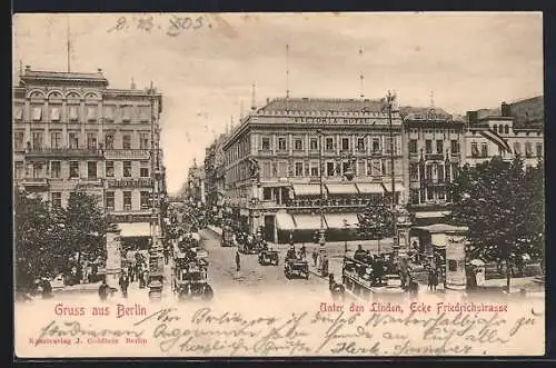 AK Berlin, Unter den Linden, Ecke Friedrichstr. mit Pferdebahn