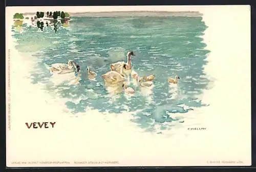 Künstler-Lithographie Fritz Voellmy: Vevey, Schwäne