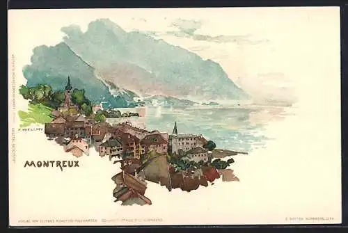 Künstler-AK Fritz Voellmy: Montreux, Totalansicht am Wasser