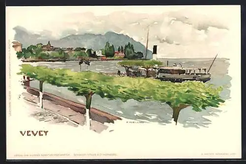 Künstler-AK Fritz Voellmy: Vevey, Dampfschiff auf dem See