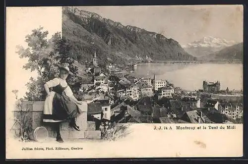 AK Montreux et la Dent du Midi, Panorama, Frau in Tracht