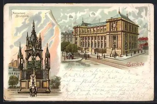 Lithographie Genève, Hotel des Postes, Monument Brunswic