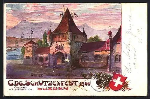 Künstler-Lithographie Luzern, Eid. Schützenfest 1901, Empfangspavillon und Gabenhallen