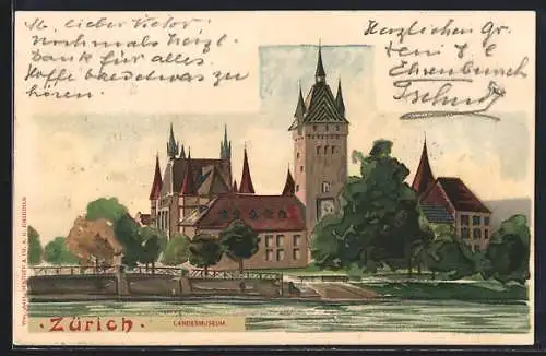 Lithographie Zürich, Blick zum Landesmuseum