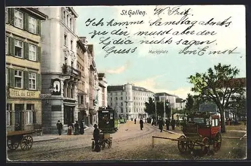 AK St. Gallen, Strassenbahn und Kutschen auf dem Marktplatz