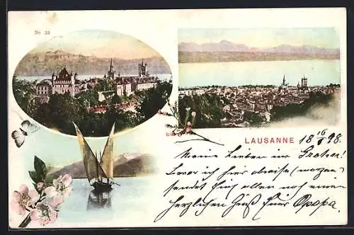 AK Lausanne, Stadtansicht, Schloss und Segelboot