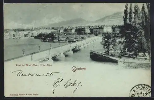 Mondschein-AK Genève, Pont du Mont Blanc et les Alpes