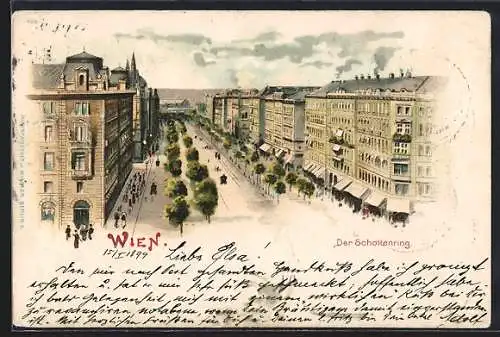 Lithographie Wien I, Ringstrasse, Blick auf den Schottenring