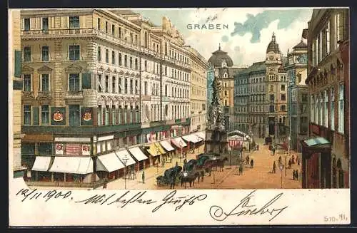 Lithographie Wien, Graben mit Pferdekutschen