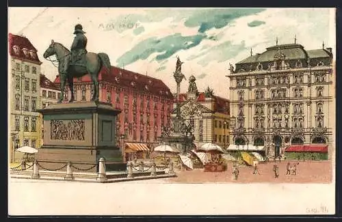 Lithographie Wien, Am Hof, Denkmal mit Ständen