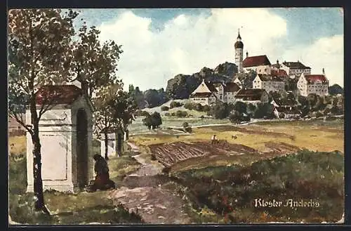 Künstler-AK Andechs, Stationsweg gegen Kloster