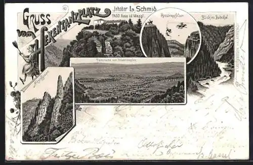 Lithographie Thale, Hotel auf dem Hexentanzplatz, Panorama vom Hexentanzplatz aus, Rosstrappfelsen