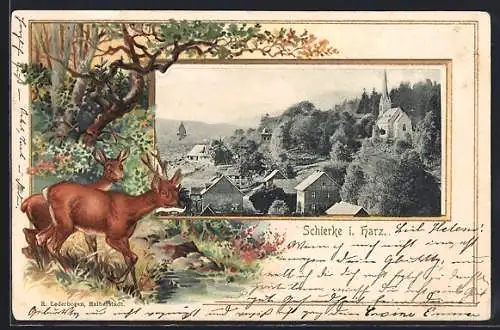 Passepartout-Lithographie Schierke, Ortsansicht, Rehe