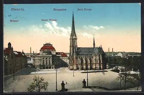 AK Chemnitz, Königsplatz mit Petrikirche, Neues Theater, Museum