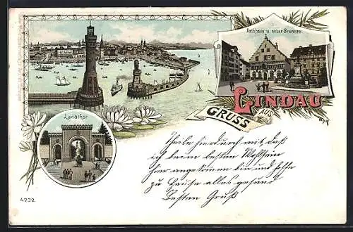 Lithographie Lindau / Bodensee, Löwendenkmal und Leuchtturm an der Hafeneinfahrt, das Landtor