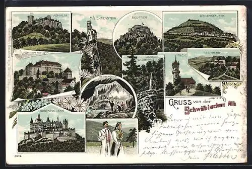 Lithographie Hechingen, Lichtenstein, Neuffen, Nebelhöhle, Hohenzollern, Tübinger Schloss, Uracher Wasserfall