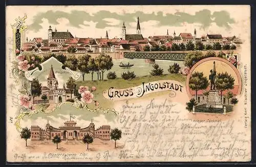 Lithographie Ingolstadt, Panorama, Kreuzthor, Krieger-Denkmal