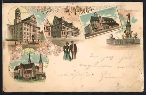 Lithographie Augsburg, Blick auf Rathaus, Residenz und Augustus-Brunnen