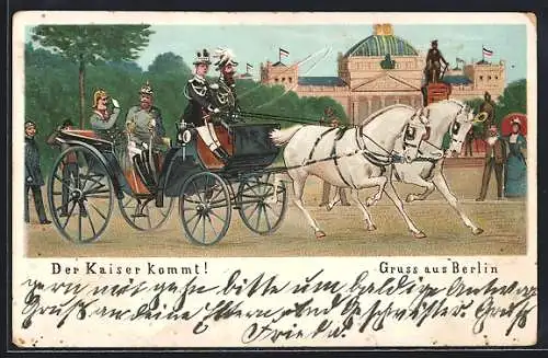 Lithographie Berlin-Tiergarten, Kaiser Wilhelm II. bei einer Kutschfahrt, Blick zum Reichstag