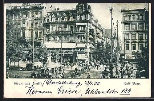 AK Berlin, Pferdebahn am Hotel Behrens mit Café Bauer