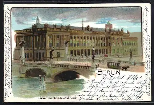 Lithographie Berlin, Blick zur Börse und Friedrichsbrücke, Strassenbahn, Pferdebahn, Burgstrasse