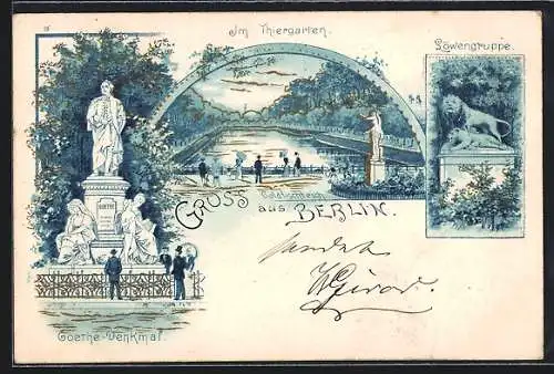 Lithographie Berlin-Tiergarten, Im Thiergarten, Goethe-Denkmal, Löwengruppe