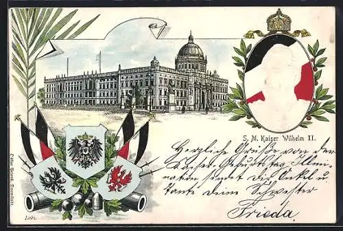 Lithographie Berlin, Kaiser Wilhelm II., Kgl. Schloss, Fahnen, Wappen