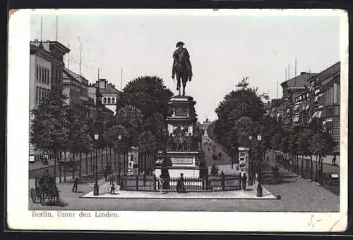 Lithographie Berlin, Unter den Linden mit Denkmal Friedrich des Grossen