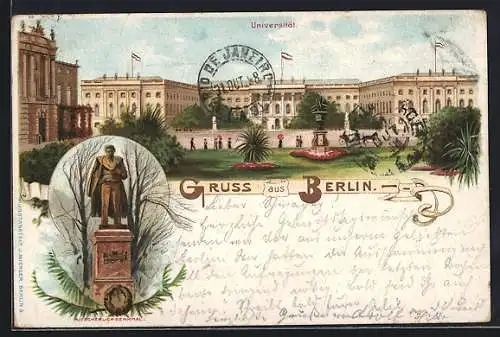 Lithographie Berlin-Mitte, Universität, Denkmal Kaiserin Augusta