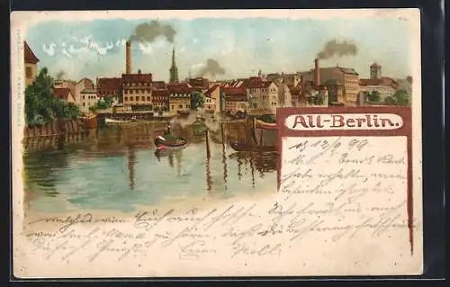 Lithographie Alt-Berlin, kleine Dampfer auf der Spree