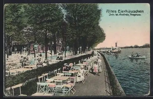 AK Berlin-Treptow, Restaurant Altes Eierhäuschen mit Terrasse, Dampfer