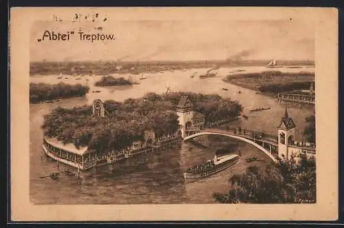 AK Berlin-Treptow, Abtei mit Brücke und Dampfer