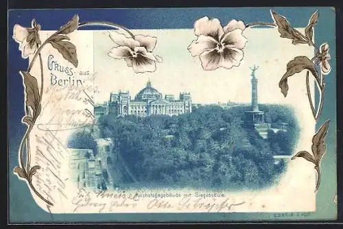 Lithographie Berlin-Tiergarten, Reichstagsgebäude mit Siegessäule