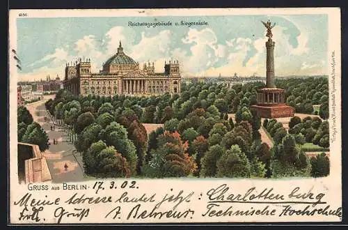 Lithographie Berlin-Tiergarten, Reichstagsgebäude mit Siegessäule