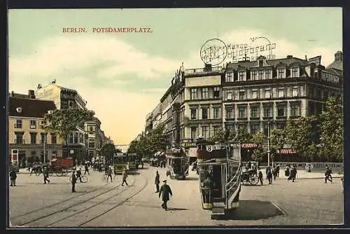 AK Berlin-Tiergarten, Potsdamer Platz mit Kakao Hildebrand, Strassenbahn