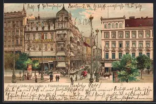 Lithographie Berlin, Unter den Linden, Blick in die Friedrichstrasse, das Cafe Bauer