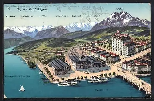 Künstler-AK Luzern /Vierwaldstätter See, Hotel Wagner mit Bahnhof