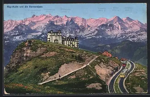 AK Rigi-Kulm, Blick auf die Berner Alpen mit Bergbahn