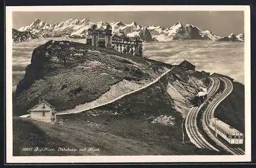 AK Rigi-Kulm, Nebelmeer und Alpen mit Bergbahn