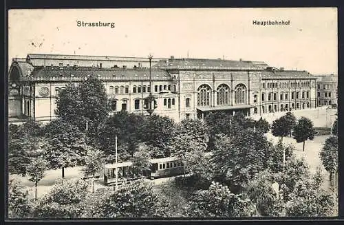AK Strassburg, Hauptbahnhof mit Strassenbahn