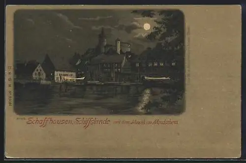 Lithographie Schaffhausen, Schiffslände mit Munoth im Monschein