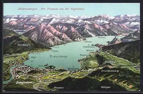 AK Gmunden, Karte vom Traunsee mit Umgebung