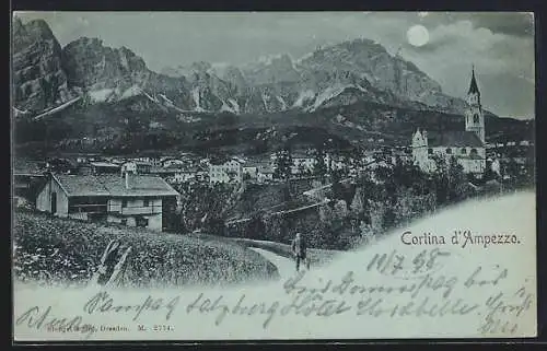 Mondschein-AK Cortina d`Ampezzo, Teilansicht mit Kirche