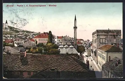 AK Mostar, Partie in der Sauerwaldgasse, Blick über die Dächer