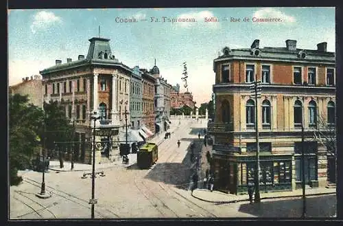 AK Sofia, Rue du Commerce mit Strassenbahn